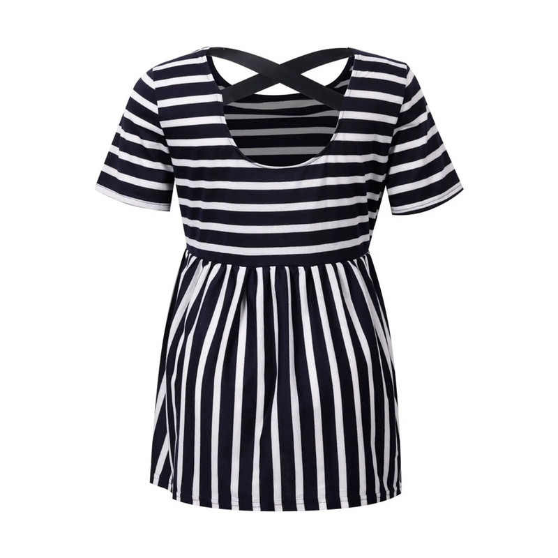 Női kismama felsők V nyakú, rövid ujjú babazuhany Szoptatás blúz Csíkos mintás szoptatás Terhes szoptatós pólók