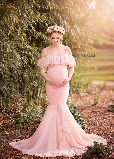 Trudnička haljina za foto snimanje Čipka za trudnice s repom, kratkim rukavima, Baby Shower za žene