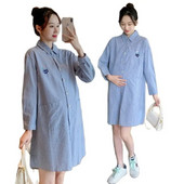 Jesenske moderne izvezene trudničke prugaste košulje na ovratnik s jednim kopčanjem Bluze za trudnice Pamučna odjeća