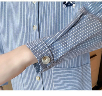 Есенни модерни бродирани ризи за бременни на райета с отложна яка Едноредни блузи за бременни Памучни дрехи