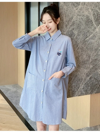 Jesenske moderne izvezene trudničke prugaste košulje na ovratnik s jednim kopčanjem Bluze za trudnice Pamučna odjeća