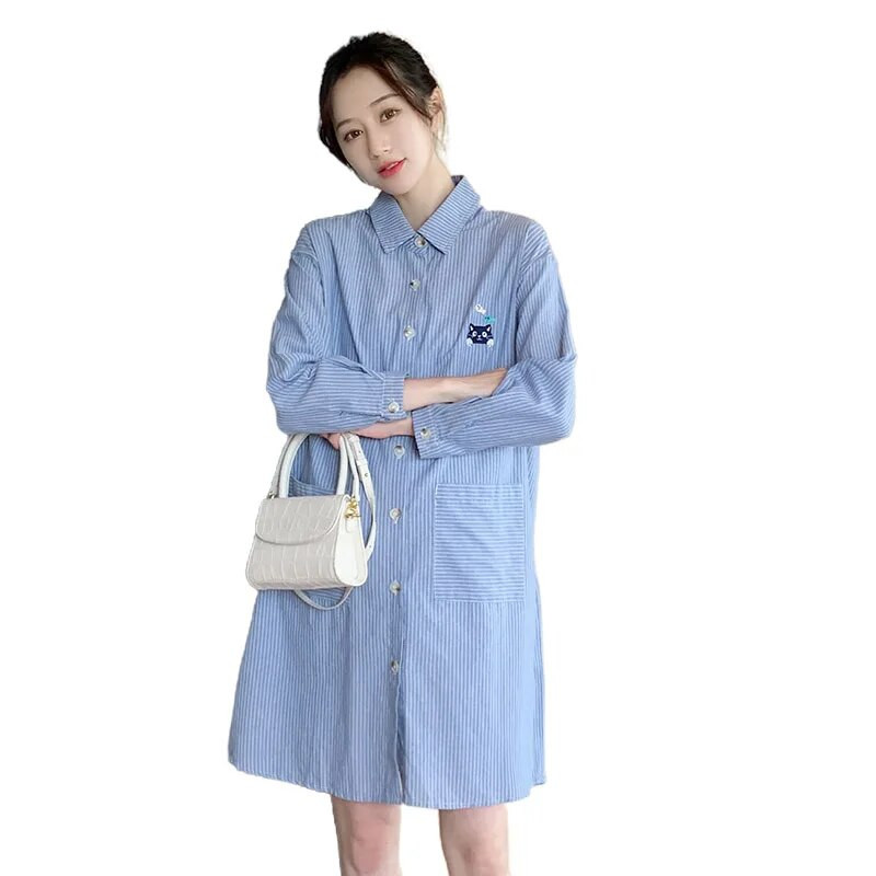 Jesenske moderne izvezene trudničke prugaste košulje na ovratnik s jednim kopčanjem Bluze za trudnice Pamučna odjeća