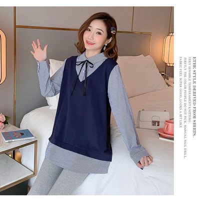 Ριγέ μακρυμάνικο γιακά μπλούζα εγκυμοσύνης Preppy στυλ μπλουζάκι για έγκυες φλις μπλούζες εγκυμοσύνης