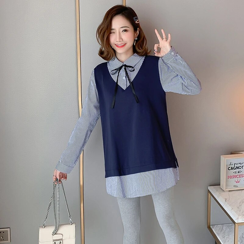 Ριγέ μακρυμάνικο γιακά μπλούζα εγκυμοσύνης Preppy στυλ μπλουζάκι για έγκυες φλις μπλούζες εγκυμοσύνης