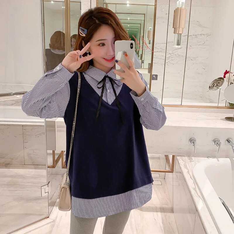 Ριγέ μακρυμάνικο γιακά μπλούζα εγκυμοσύνης Preppy στυλ μπλουζάκι για έγκυες φλις μπλούζες εγκυμοσύνης