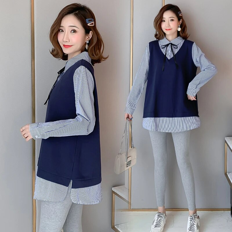 Ριγέ μακρυμάνικο γιακά μπλούζα εγκυμοσύνης Preppy στυλ μπλουζάκι για έγκυες φλις μπλούζες εγκυμοσύνης