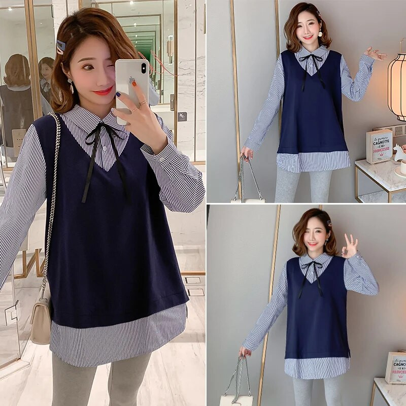 Ριγέ μακρυμάνικο γιακά μπλούζα εγκυμοσύνης Preppy στυλ μπλουζάκι για έγκυες φλις μπλούζες εγκυμοσύνης