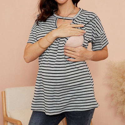 Prugasta majica za trudnice, majica s otvorenim ramenima za trudnice, ljetna majica kratkih rukava za dojenje, ležerna majica
