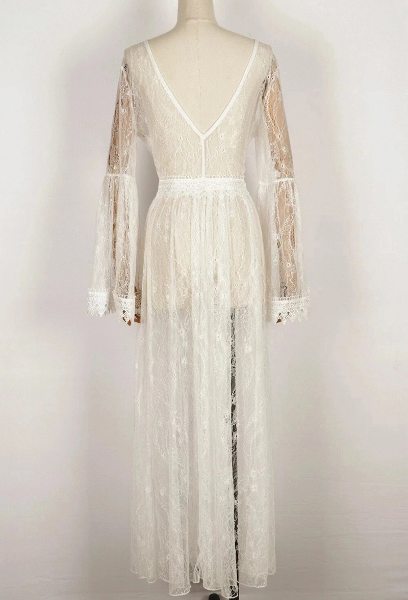 Bijele seksi trudničke haljine za fotografiranje Čipkane otmjene trudničke haljine Rekviziti za fotografije Širokih rukava, maksi haljina za trudnice