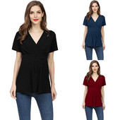 Grūtnieču vienkrāsains T-krekls ar jostu, barojot bērnu ar krūti, apakšmalas T-krekls grūtniecēm, ikdienišķas piedurknes ar īsām piedurknēm. Pulovers