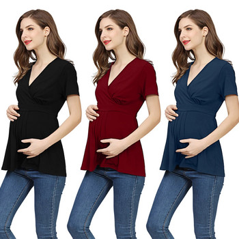 Едноцветна тениска за бременни, колан, тениска с подгъв за кърмене, бременна дамска ежедневна тениска с къс ръкав, основни пуловери за кърмачки