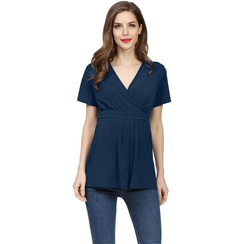 Grūtnieču vienkrāsains T-krekls ar jostu, barojot bērnu ar krūti, apakšmalas T-krekls grūtniecēm, ikdienišķas piedurknes ar īsām piedurknēm. Pulovers