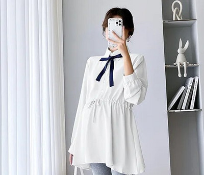 Proljetne i jesenske trudničke pamučne košulje s uzicom oko struka i ovratnikom s mašnom Bluze za trudnice Odjeća za trudnice