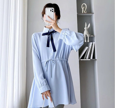 Proljetne i jesenske trudničke pamučne košulje s uzicom oko struka i ovratnikom s mašnom Bluze za trudnice Odjeća za trudnice