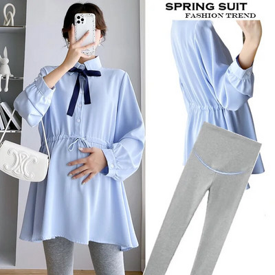 Proljetne i jesenske trudničke pamučne košulje s uzicom oko struka i ovratnikom s mašnom Bluze za trudnice Odjeća za trudnice