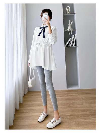 Proljetne i jesenske trudničke pamučne košulje s uzicom oko struka i ovratnikom s mašnom Bluze za trudnice Odjeća za trudnice