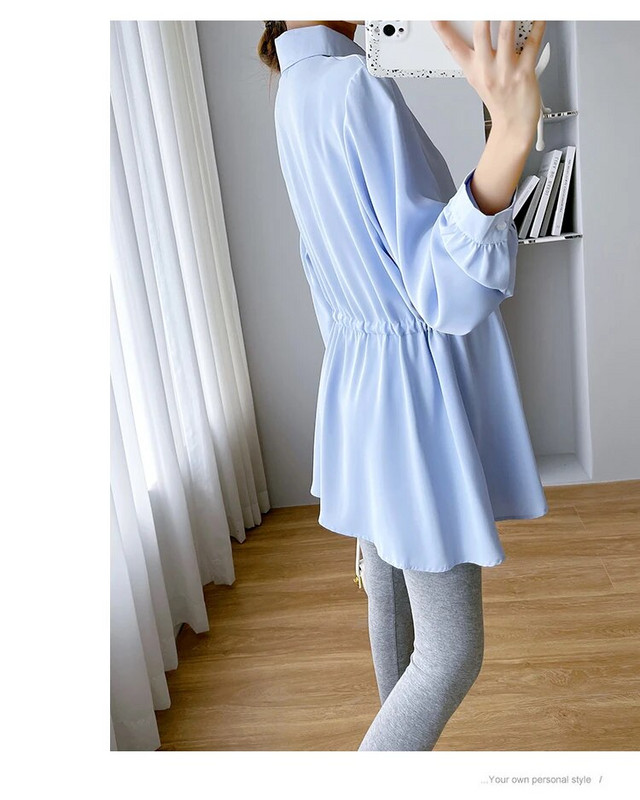 Proljetne i jesenske trudničke pamučne košulje s uzicom oko struka i ovratnikom s mašnom Bluze za trudnice Odjeća za trudnice