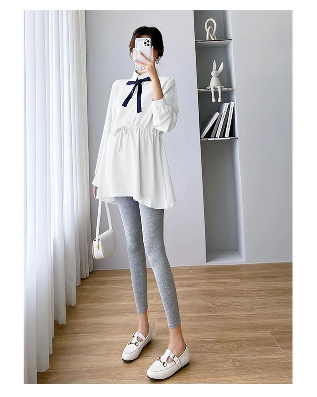 Proljetne i jesenske trudničke pamučne košulje s uzicom oko struka i ovratnikom s mašnom Bluze za trudnice Odjeća za trudnice