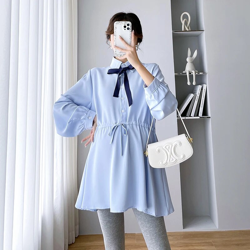 Proljetne i jesenske trudničke pamučne košulje s uzicom oko struka i ovratnikom s mašnom Bluze za trudnice Odjeća za trudnice