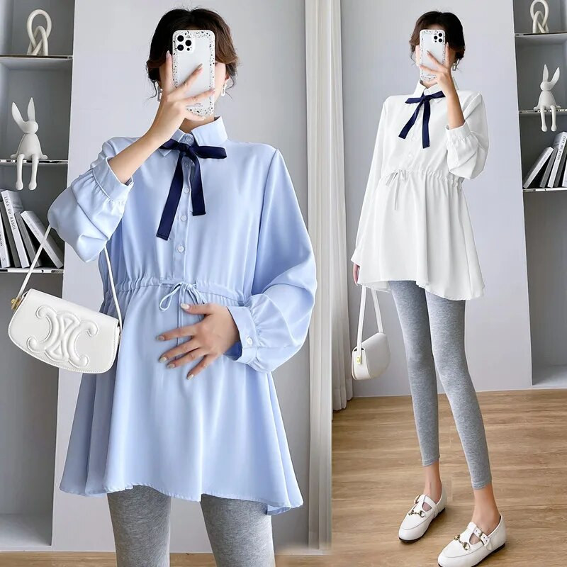 Proljetne i jesenske trudničke pamučne košulje s uzicom oko struka i ovratnikom s mašnom Bluze za trudnice Odjeća za trudnice