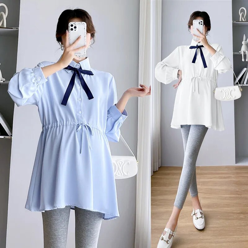 Proljetne i jesenske trudničke pamučne košulje s uzicom oko struka i ovratnikom s mašnom Bluze za trudnice Odjeća za trudnice