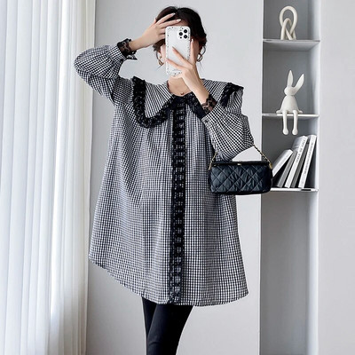 Pavasara rudens lielizmēra grūtniecēm krekls, mežģīnes, Pētera Pena apkakle, salda grūtnieču drēbes, gara brīva grūtniecības blūze