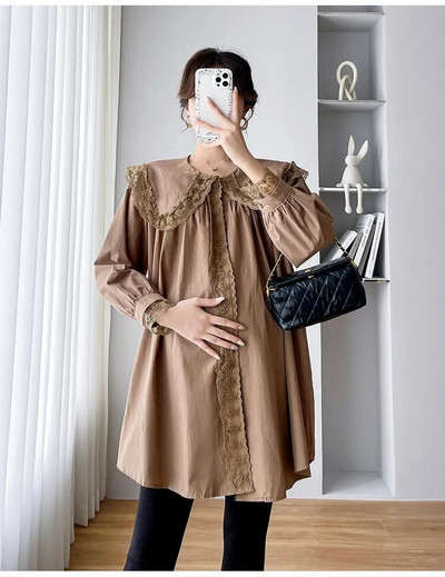 Pavasara rudens lielizmēra grūtniecēm krekls, mežģīnes, Pētera Pena apkakle, salda grūtnieču drēbes, gara brīva grūtniecības blūze