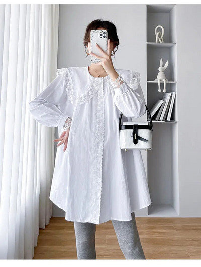 Pavasara rudens lielizmēra grūtniecēm krekls, mežģīnes, Pētera Pena apkakle, salda grūtnieču drēbes, gara brīva grūtniecības blūze