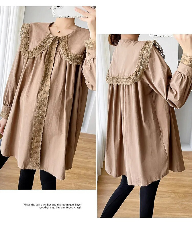 Pavasara rudens lielizmēra grūtniecēm krekls, mežģīnes, Pētera Pena apkakle, salda grūtnieču drēbes, gara brīva grūtniecības blūze