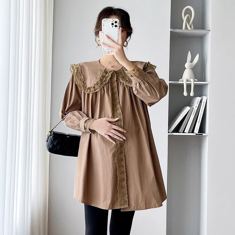 Pavasara rudens lielizmēra grūtniecēm krekls, mežģīnes, Pētera Pena apkakle, salda grūtnieču drēbes, gara brīva grūtniecības blūze