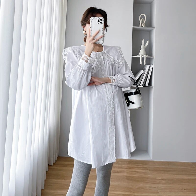 Pavasara rudens lielizmēra grūtniecēm krekls, mežģīnes, Pētera Pena apkakle, salda grūtnieču drēbes, gara brīva grūtniecības blūze