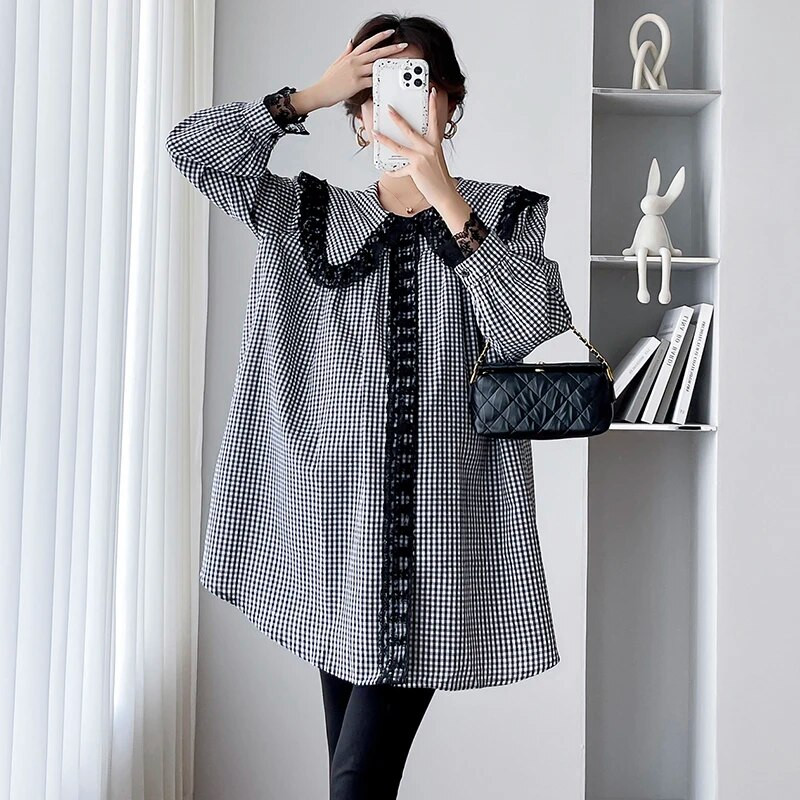 Pavasara rudens lielizmēra grūtniecēm krekls, mežģīnes, Pētera Pena apkakle, salda grūtnieču drēbes, gara brīva grūtniecības blūze