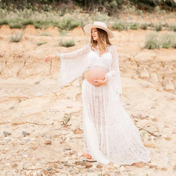 Boho Maxi Maternity Photography Props Δαντελένιο φόρεμα Φωτογραφική λήψη Bohemian Beach Wedding Ρουστίκ μήκος στο πάτωμα Έγκυος γυναίκα Μποέμ