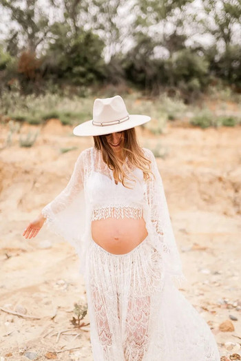 Boho Maxi Maternity Photography Props Δαντελένιο φόρεμα Φωτογραφική λήψη Bohemian Beach Wedding Ρουστίκ μήκος στο πάτωμα Έγκυος γυναίκα Μποέμ