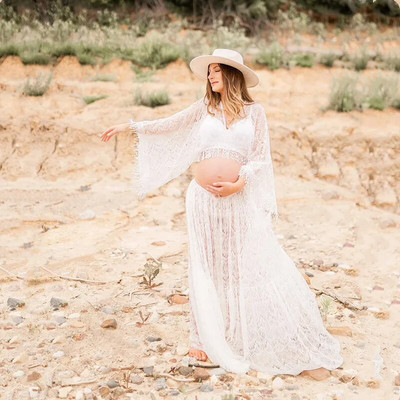 Boho Maxi rekviziti za trudničke fotografije Čipkana haljina Snimanje Boemska plaža Vjenčanje Rustikalna do poda Trudnica Boemska