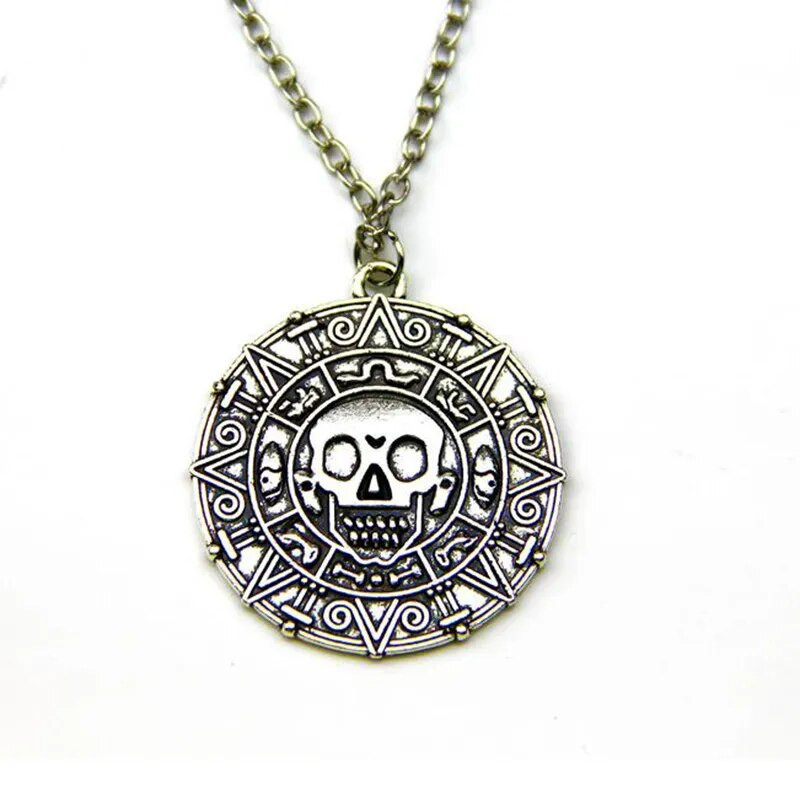 Klasiskās Karību jūras pirātu zelta sudraba krāsas monētas Medaljona galvaskausa kulonu kaklarota vīriešu un zēnu rotaslietu modei.