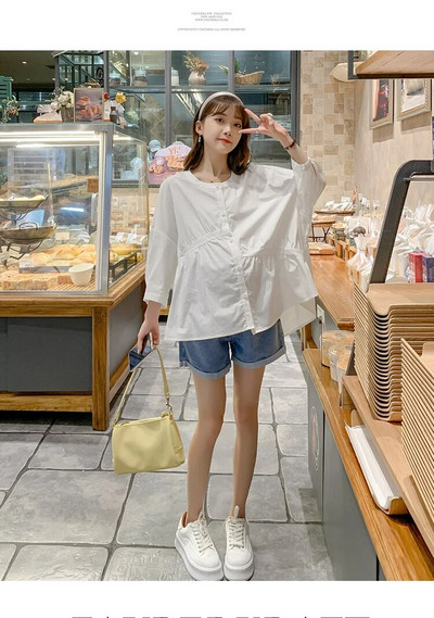 Άνοιξη Καλοκαίρι Πουκάμισα για έγκυες γυναίκες Ακανόνιστα μανίκια τρία τέταρτα με κουμπιά με λαιμόκοψη μύγα βαμβακερή μπλούζα εγκυμοσύνης Ρούχα εγκυμοσύνης