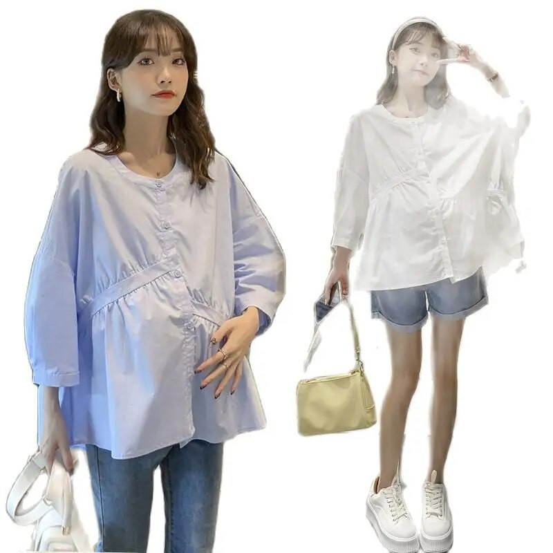 Άνοιξη Καλοκαίρι Πουκάμισα για έγκυες γυναίκες Ακανόνιστα μανίκια τρία τέταρτα με κουμπιά με λαιμόκοψη μύγα βαμβακερή μπλούζα εγκυμοσύνης Ρούχα εγκυμοσύνης