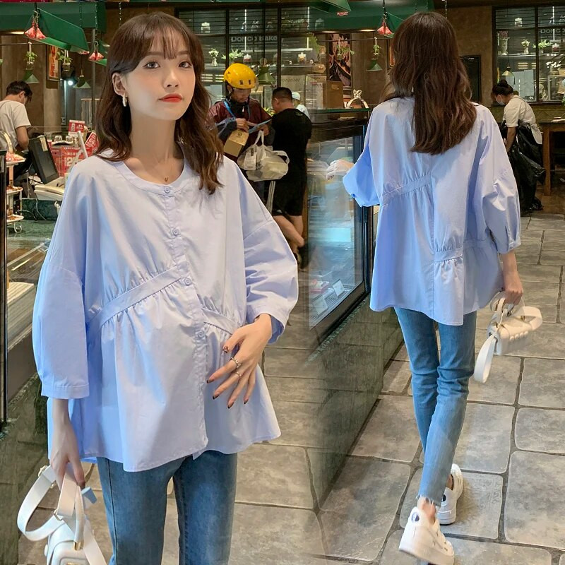 Άνοιξη Καλοκαίρι Πουκάμισα για έγκυες γυναίκες Ακανόνιστα μανίκια τρία τέταρτα με κουμπιά με λαιμόκοψη μύγα βαμβακερή μπλούζα εγκυμοσύνης Ρούχα εγκυμοσύνης