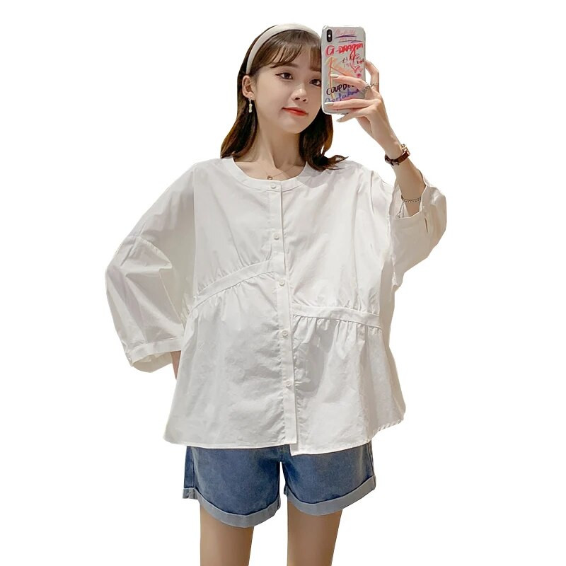 Άνοιξη Καλοκαίρι Πουκάμισα για έγκυες γυναίκες Ακανόνιστα μανίκια τρία τέταρτα με κουμπιά με λαιμόκοψη μύγα βαμβακερή μπλούζα εγκυμοσύνης Ρούχα εγκυμοσύνης