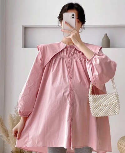 Kevadsügis suures suuruses rasedate naiste särgid meremehe krae pikkade varrukatega pikad lahtised raseduspluusid rasedate puuvillased riided