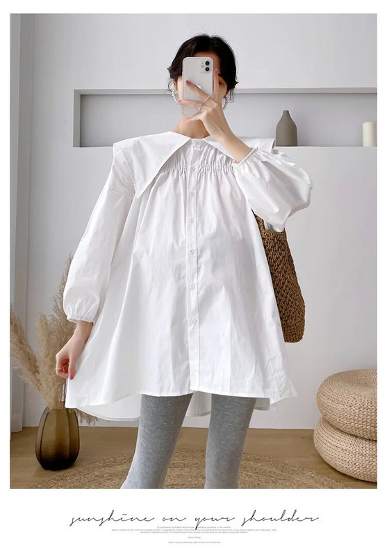 Kevadsügis suures suuruses rasedate naiste särgid meremehe krae pikkade varrukatega pikad lahtised raseduspluusid rasedate puuvillased riided