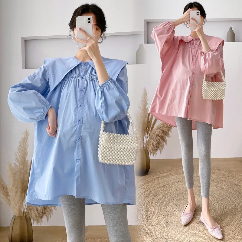 Kevadsügis suures suuruses rasedate naiste särgid meremehe krae pikkade varrukatega pikad lahtised raseduspluusid rasedate puuvillased riided