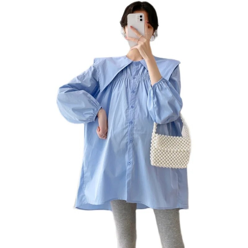 Kevadsügis suures suuruses rasedate naiste särgid meremehe krae pikkade varrukatega pikad lahtised raseduspluusid rasedate puuvillased riided