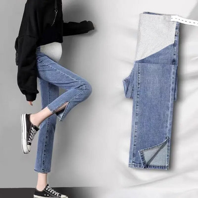 Nauji džinsai nėščiosioms Madingos mamos kelnės tėčiui Laisvos tiesios kelnės nėščioms moterims plačiomis kojomis Dėvėkite devynių taškų kelnes