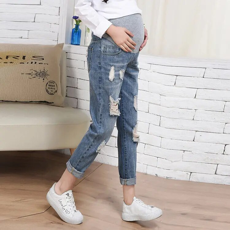 Nauji džinsai nėščiosioms Madingos mamos kelnės tėčiui Laisvos tiesios kelnės nėščioms moterims plačiomis kojomis Dėvėkite devynių taškų kelnes