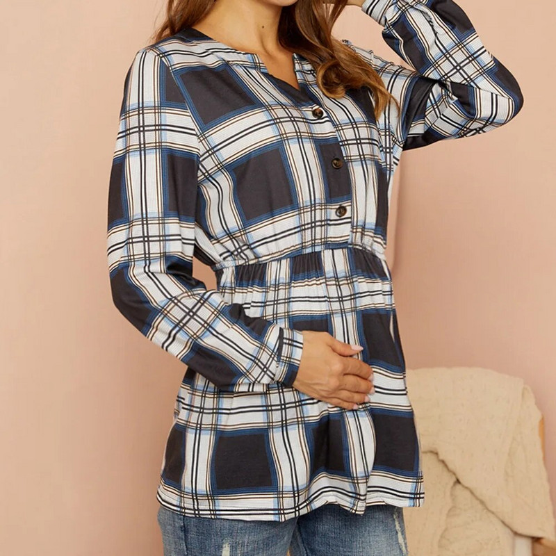 Nėščiųjų rudens ir žiemos apvalia kaklą juodai balti languoti laisvi marškinėliai nėščiosios ilgomis rankovėmis