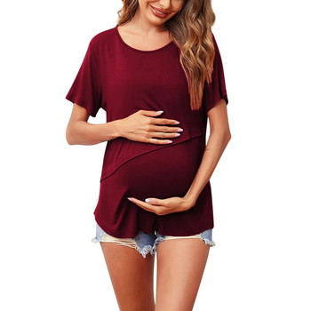 Нови дрехи за бременни Дамска тениска с кръгло деколте с къс ръкав, плътен цвят, асиметрични капаци, Ежедневна тениска за кърмене
