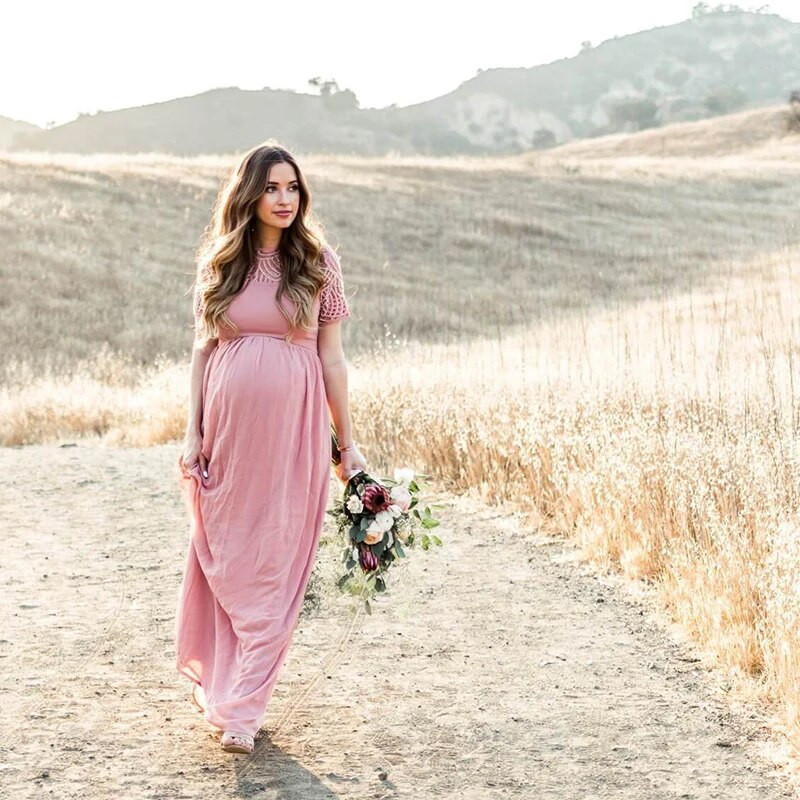 Vasarinė nėščiųjų kūdikių dušo suknelė moterims Nėščia moteris fotosesijai Nėriniai Voile Šifono pusė