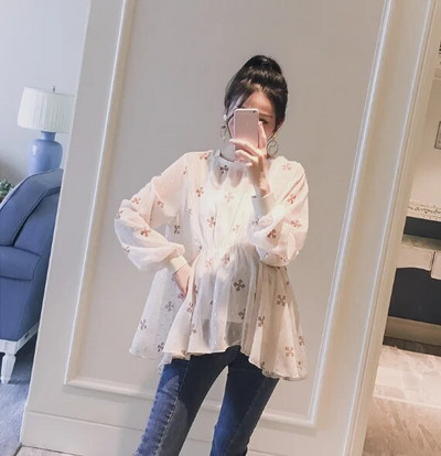 2018-as új tavaszi virágmintás A-vonalú felsők terhes nőknek, kismama ruházat, lekerekített nyakú kismama babaing